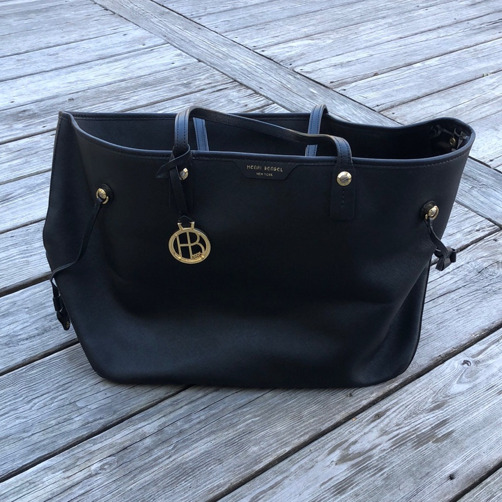 Henri Bendel Black Genuine Leather - Large Zipper Closure Tote -Good Condition